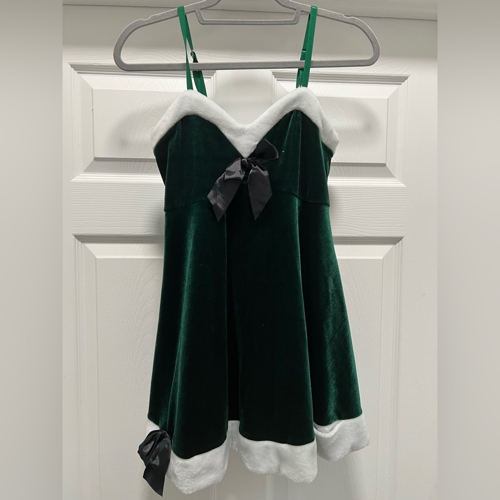 Green Velvet Dress with White Trim and Black Bows